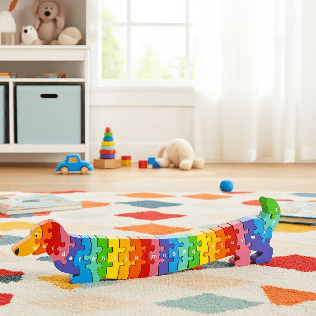 Colorful dog-shaped puzzle on a rug with toys in the background