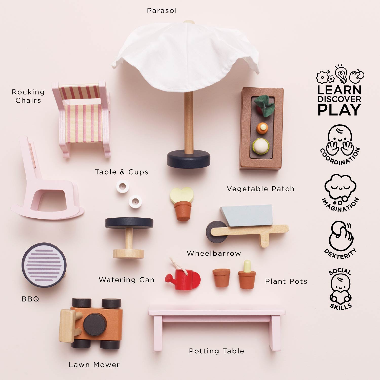 Collection of wooden toys including a parasol, rocking chairs, table, cups, vegetable patch, wheelbarrow, watering can, plant pots, BBQ, potting table, and lawn mower on a light pink background.