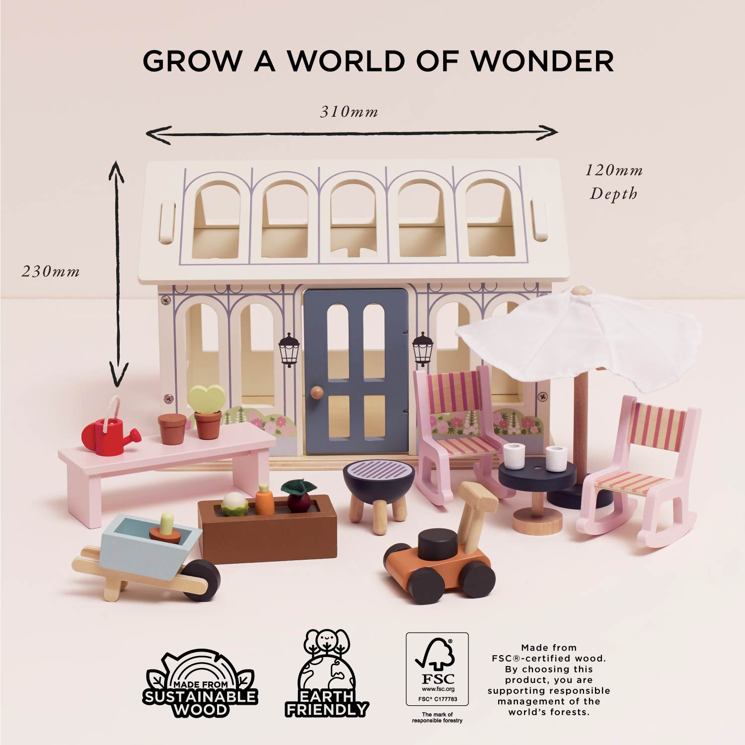 Toy house set with furniture and accessories, labeled 'Grow a World of Wonder' with dimensions and sustainability certifications.