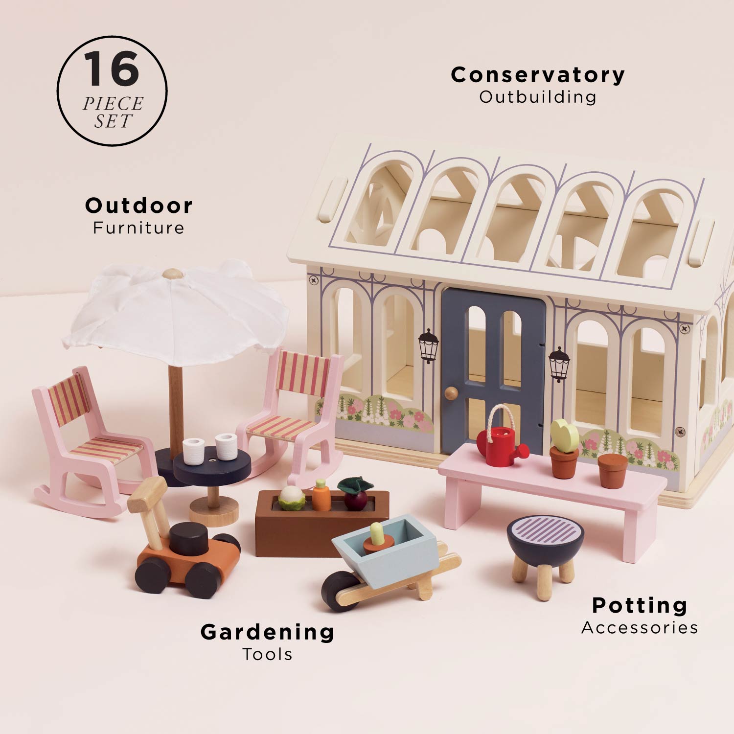 Set of miniature outdoor furniture, conservatory, and gardening tools on a white background