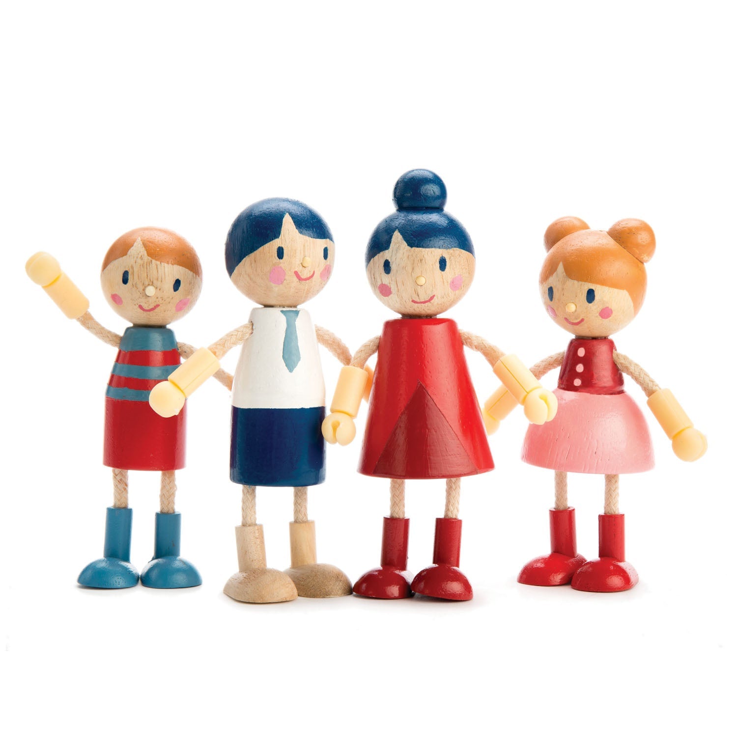 Set of four colorful wooden toy figures on a white background