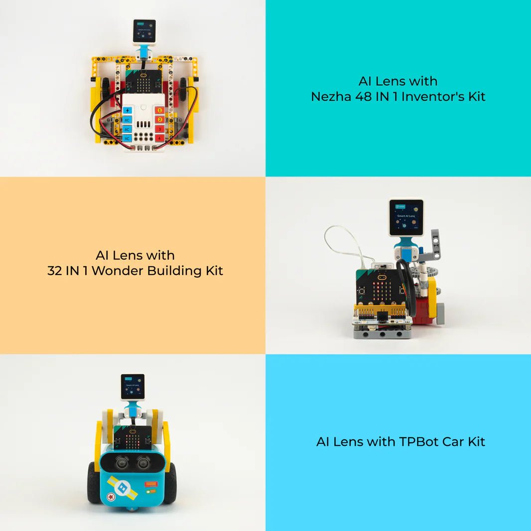 Four different kits with AI lenses and building components on a colorful background