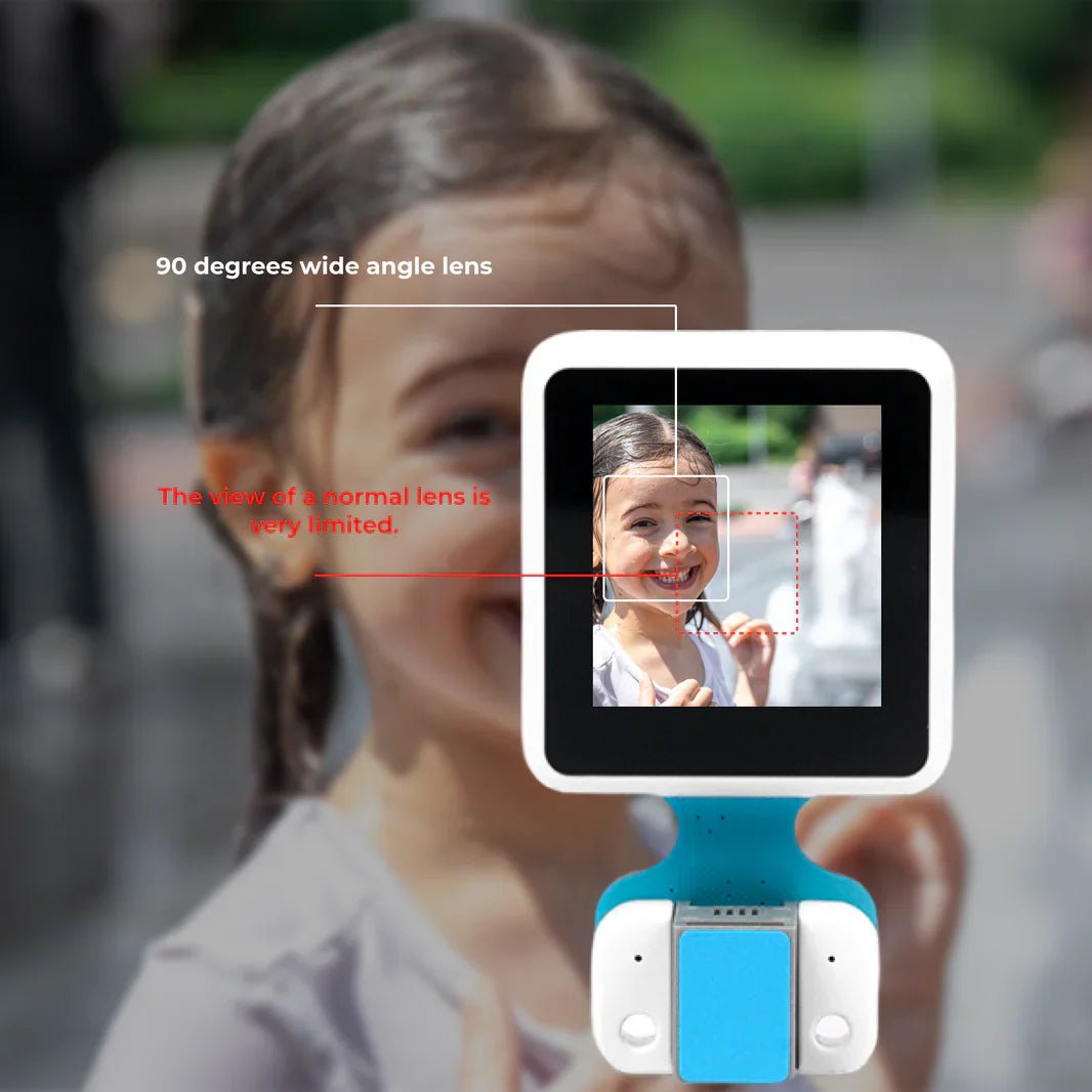 Camera lens with 90-degree wide-angle feature showing a child's face, with text explaining its benefits.