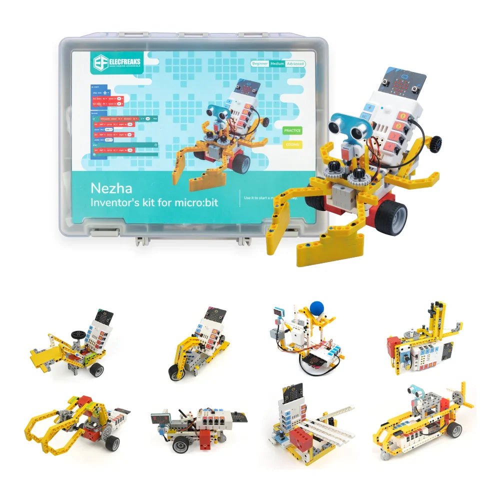 Nezha inventor's kit for micro:bit with building blocks and tablet displaying coding interface on a white background