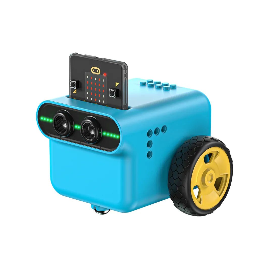 Blue robot with yellow wheels and a small screen on a white background
