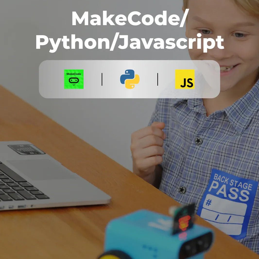 Child with a robot toy and laptop on a table, with 'MakeCode/Python/Javascript' text and icons above.