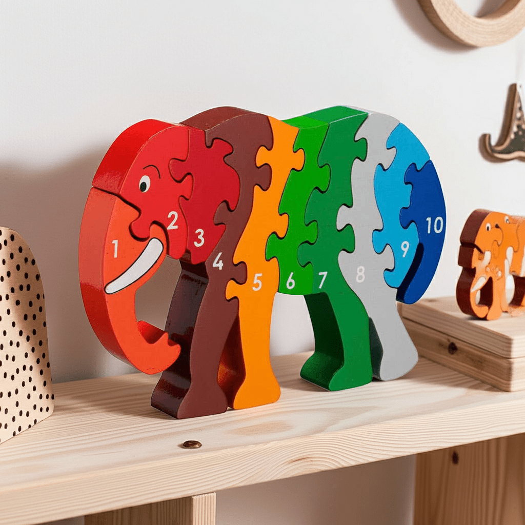 Colorful elephant-shaped puzzle toy on a wooden shelf