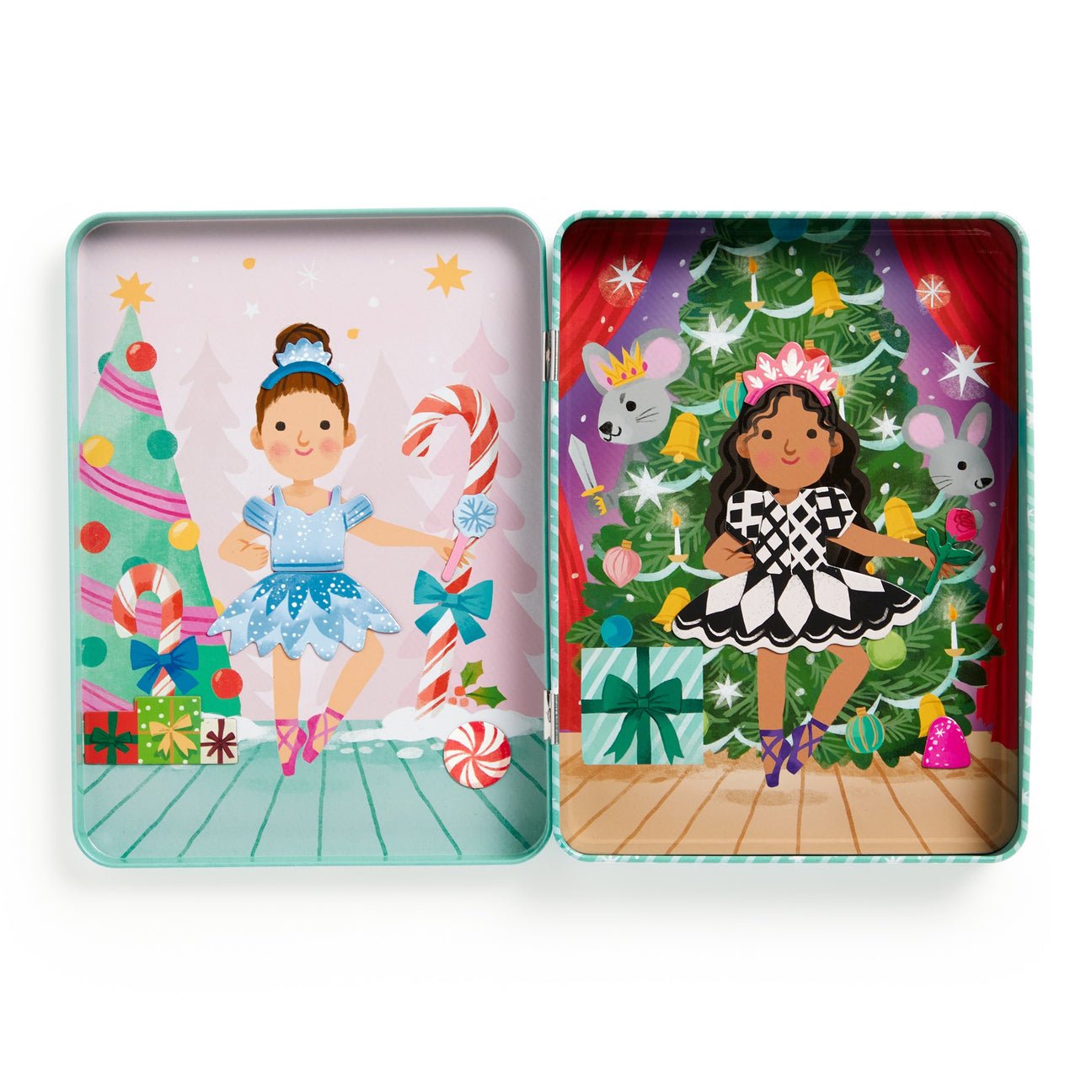 Two colorful tins with illustrations of girls in festive settings on a white background