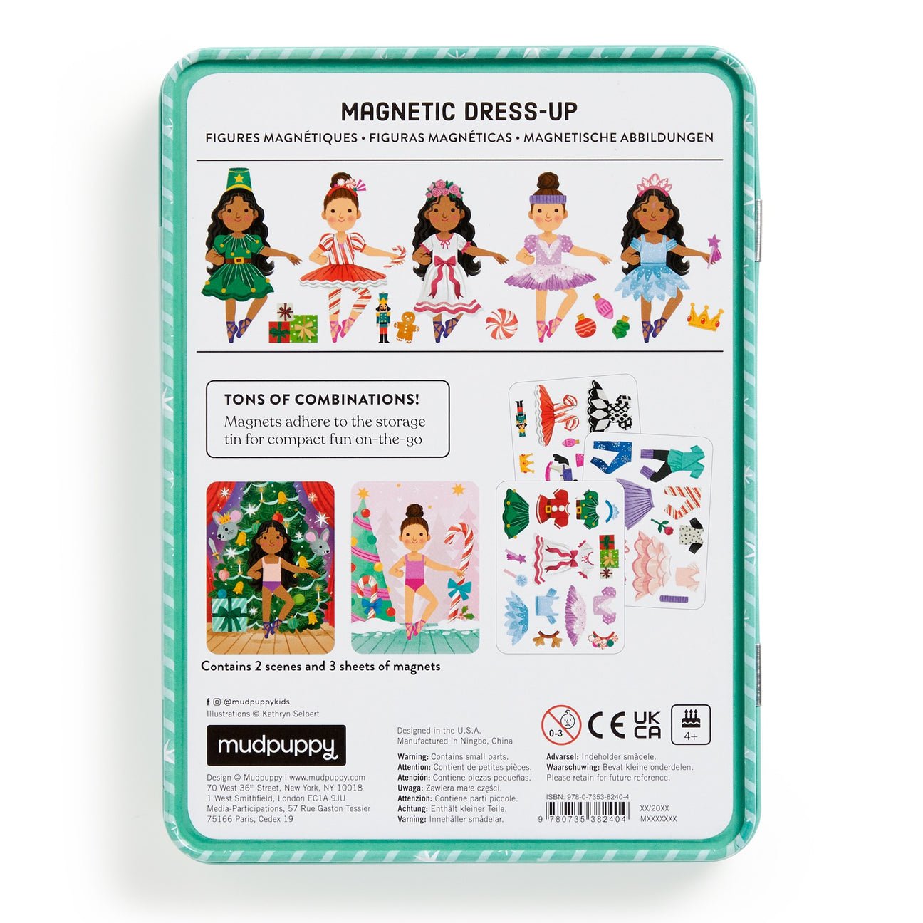 Mudpuppy magnetic dress-up set packaging with illustrations of dolls and accessories.