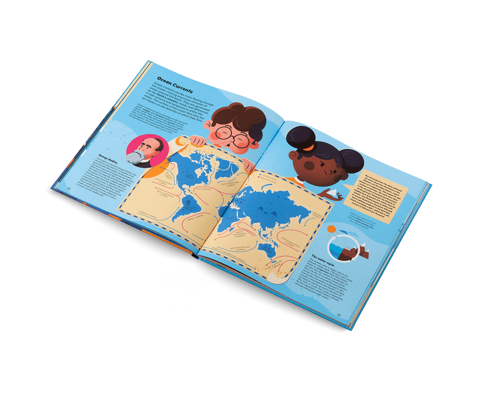 Open book with illustrations of characters and a world map on a white background
