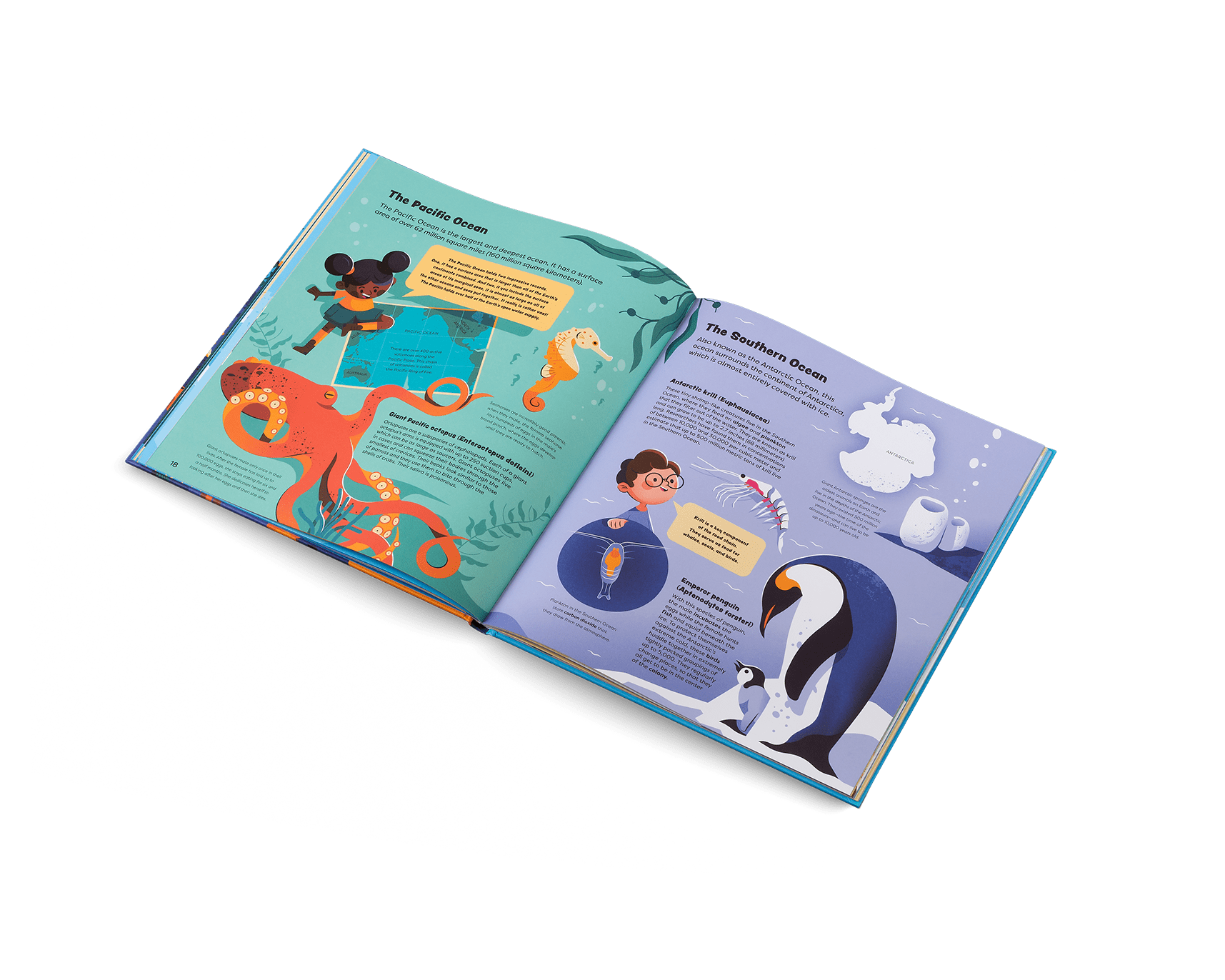 Open book showing illustrations of a penguin and an octopus on a white background