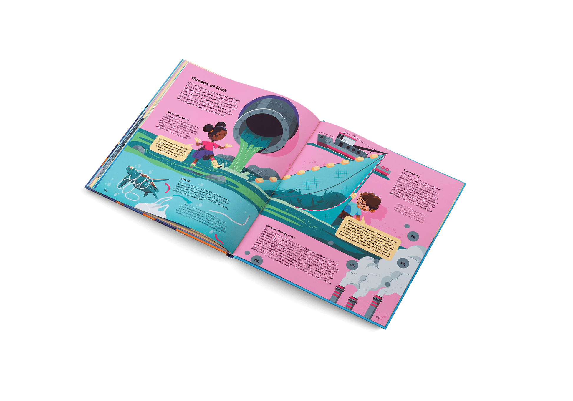 Open book with colorful illustrations on a white background