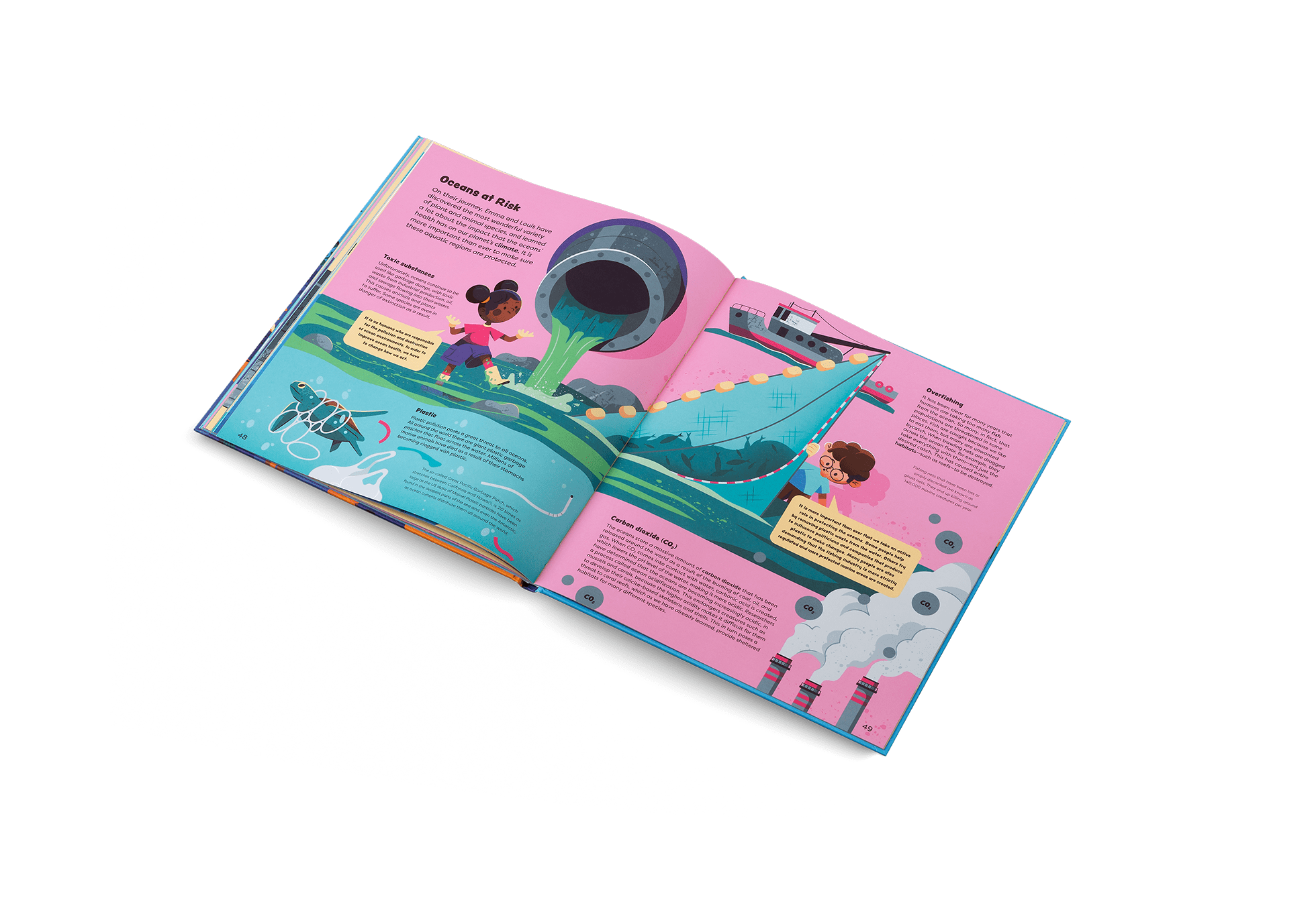 Open book with colorful illustrations on a white background
