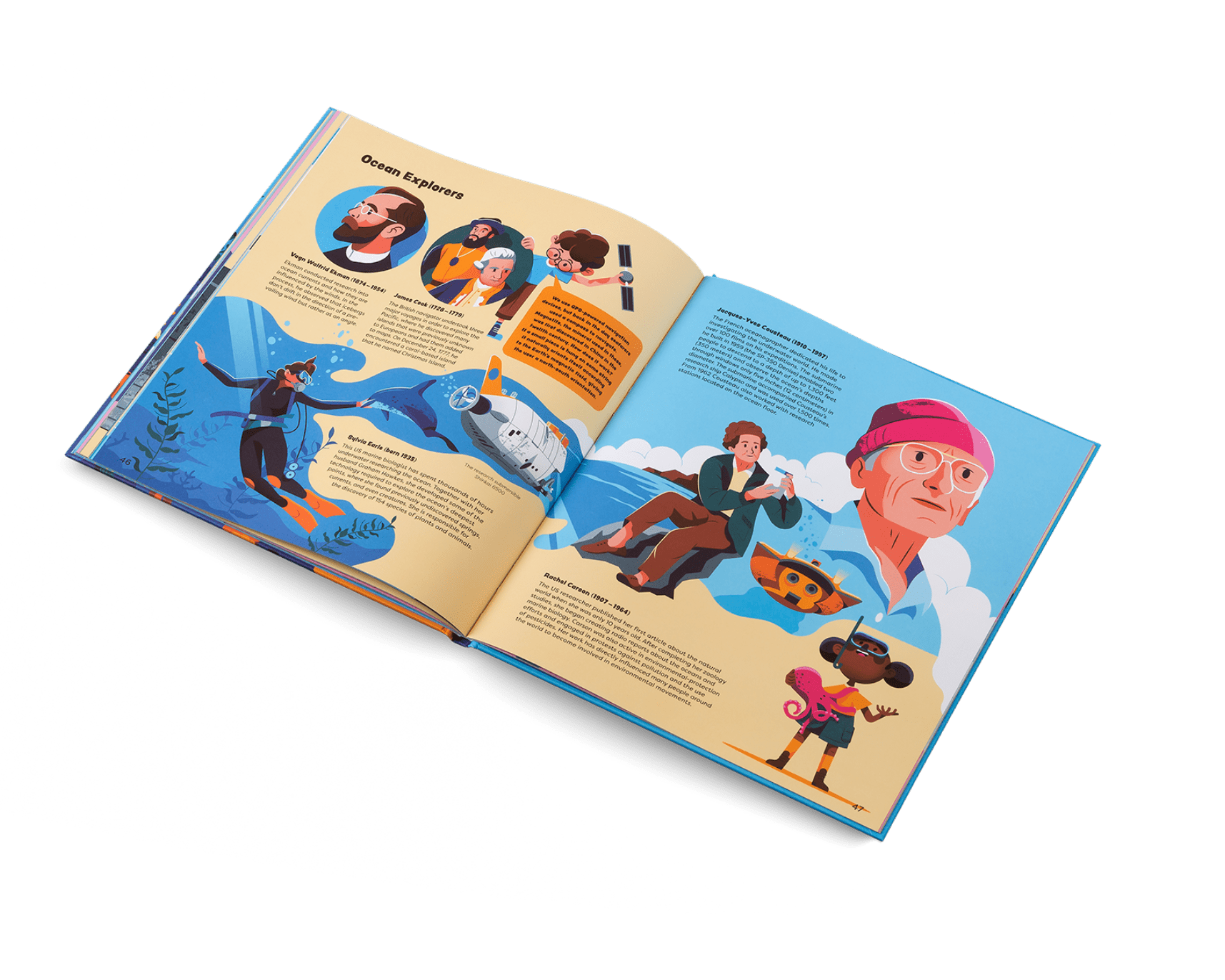 Open book with colorful illustrations and text on a white background