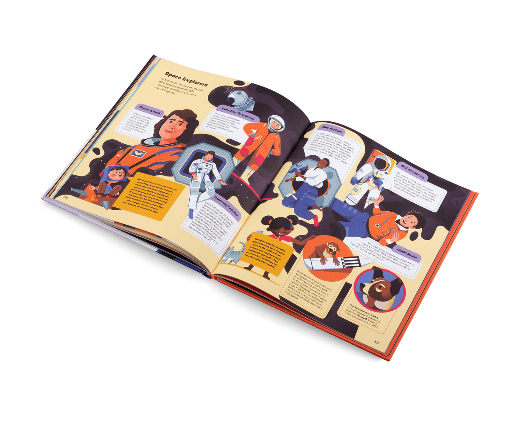 Open book with colorful illustrations of people in various poses on a white background