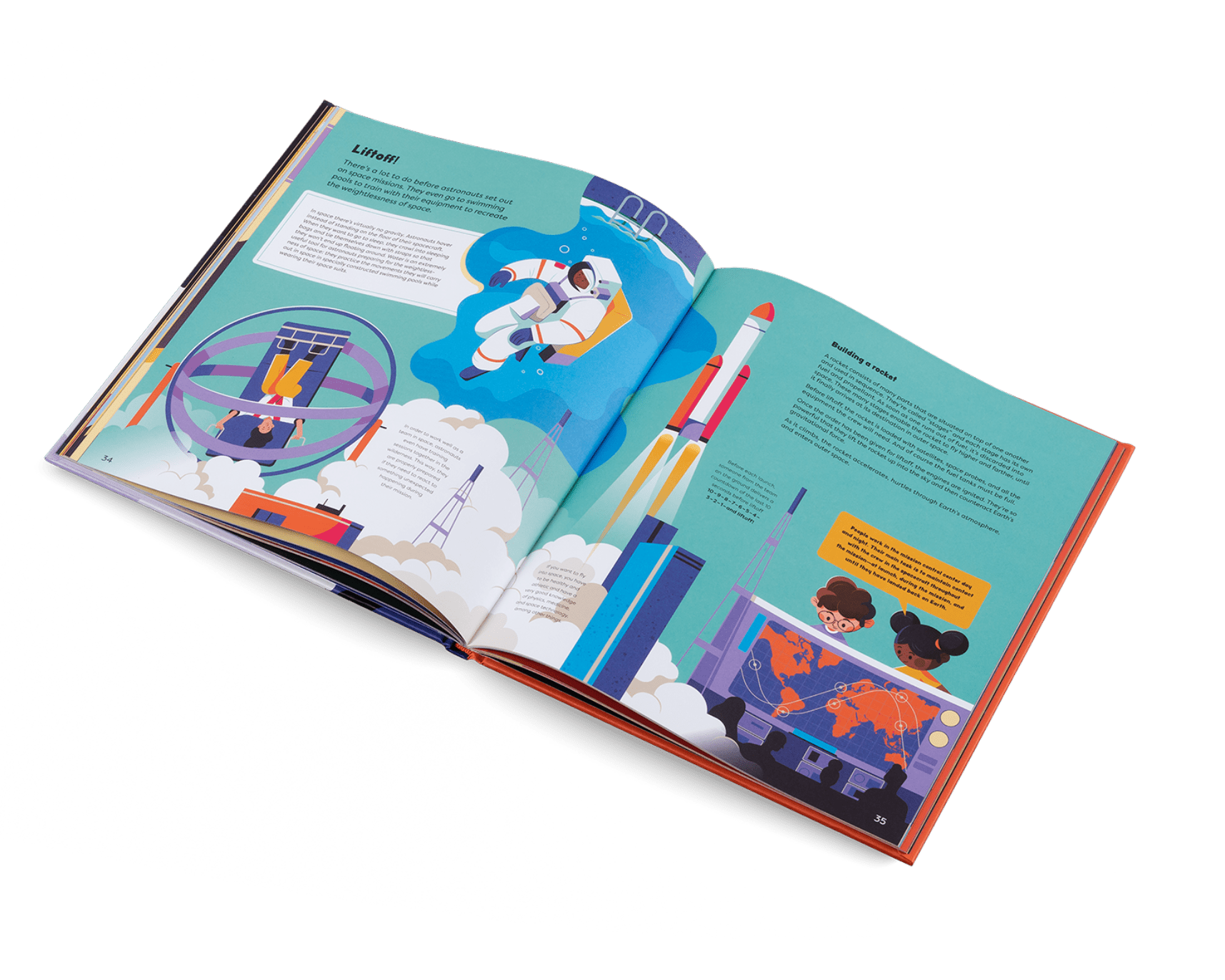 Open book with colorful illustrations on a white background