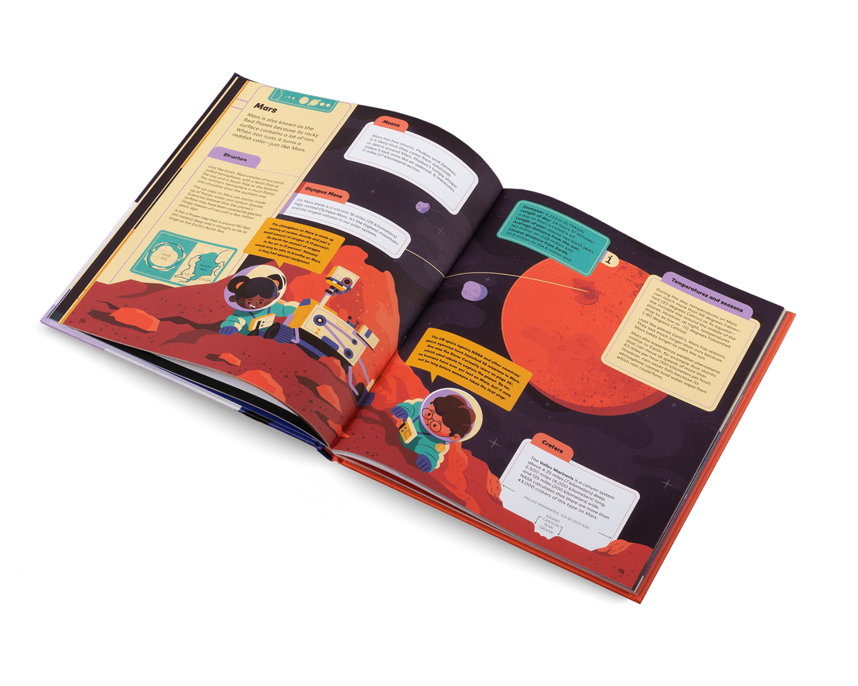 Open book with colorful illustrations and text on a white background