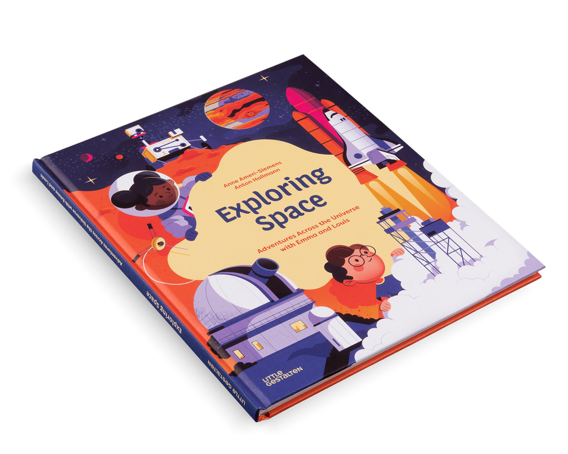 Book titled 'Exploring Space' with space-themed illustrations on a white background