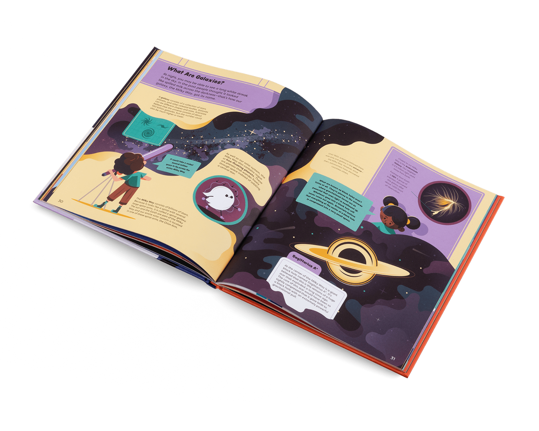 Open book with space-themed illustrations on a white background