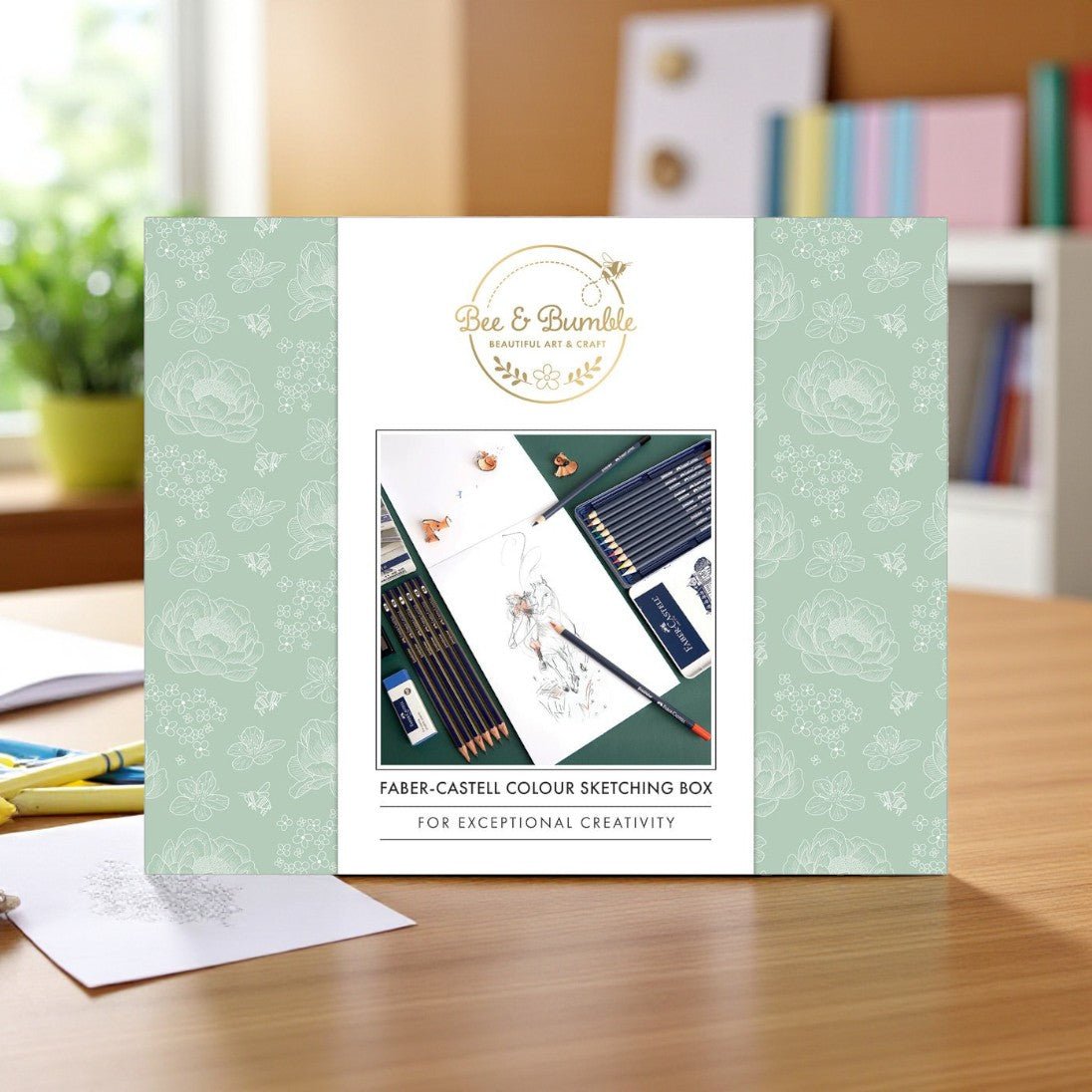 Faber-Castell colour sketching box packaging on a desk with a blurred background