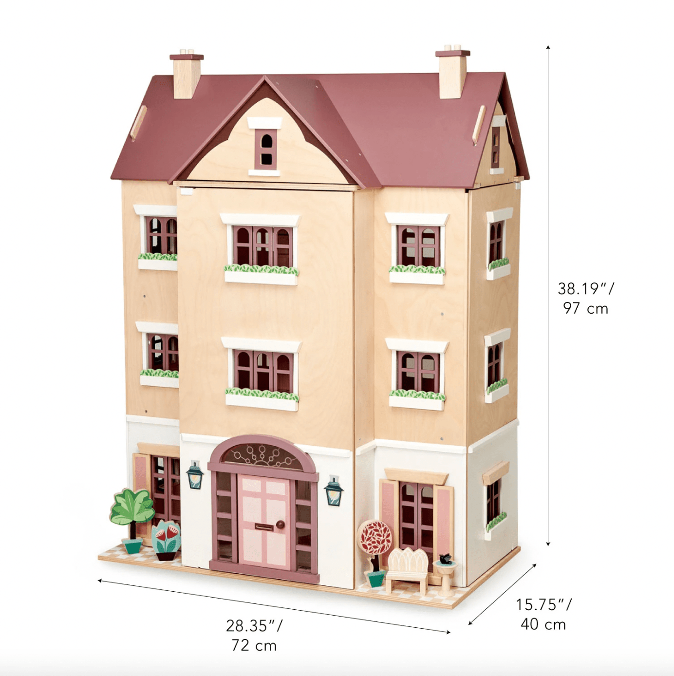Wooden dollhouse with dimensions indicated on a white background