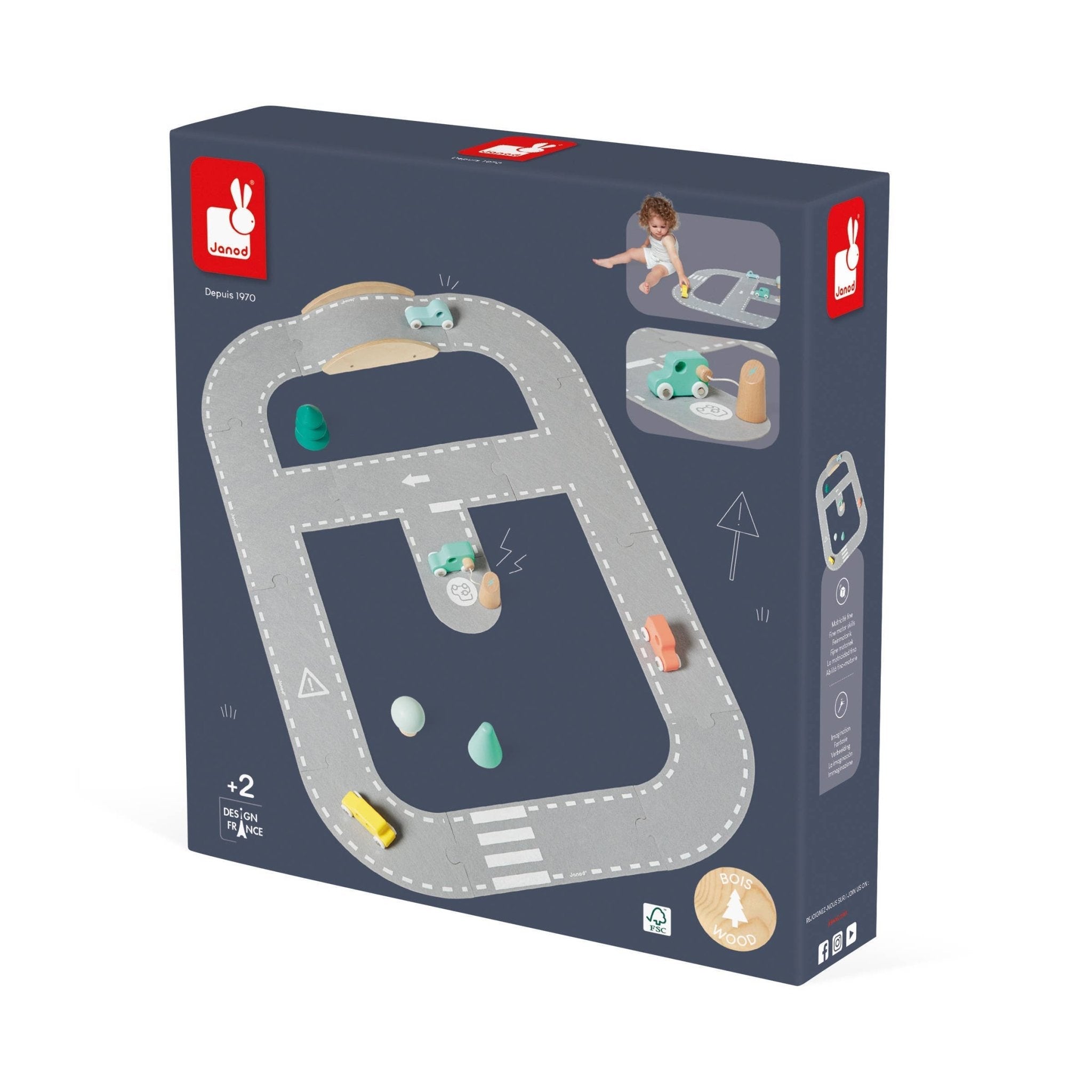 Toy car track set packaging with illustrations of a child and cars on a white background