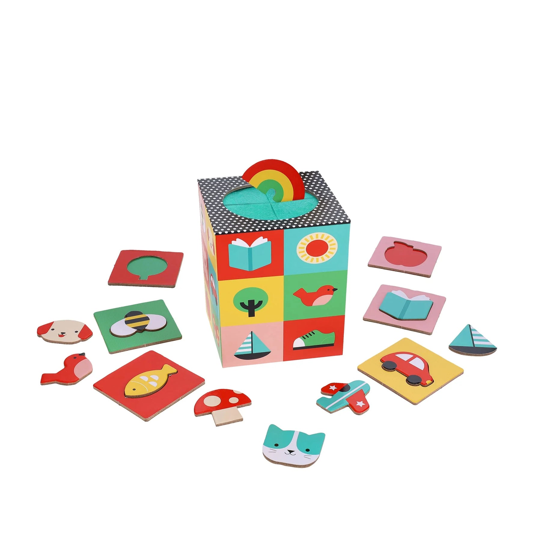 Colorful children's puzzle box with various shapes and images on a white background