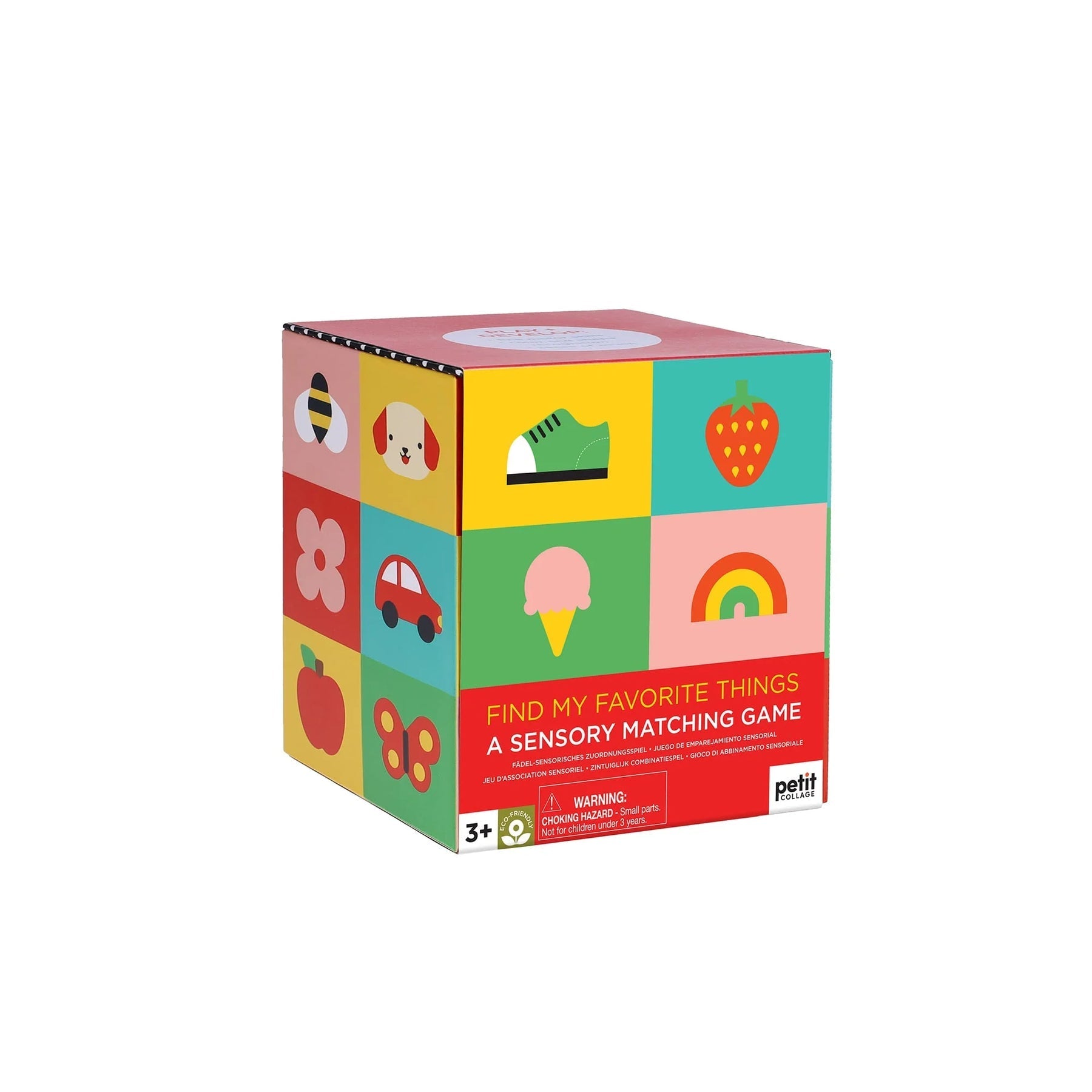 Colorful box of a sensory matching game for children on a white background