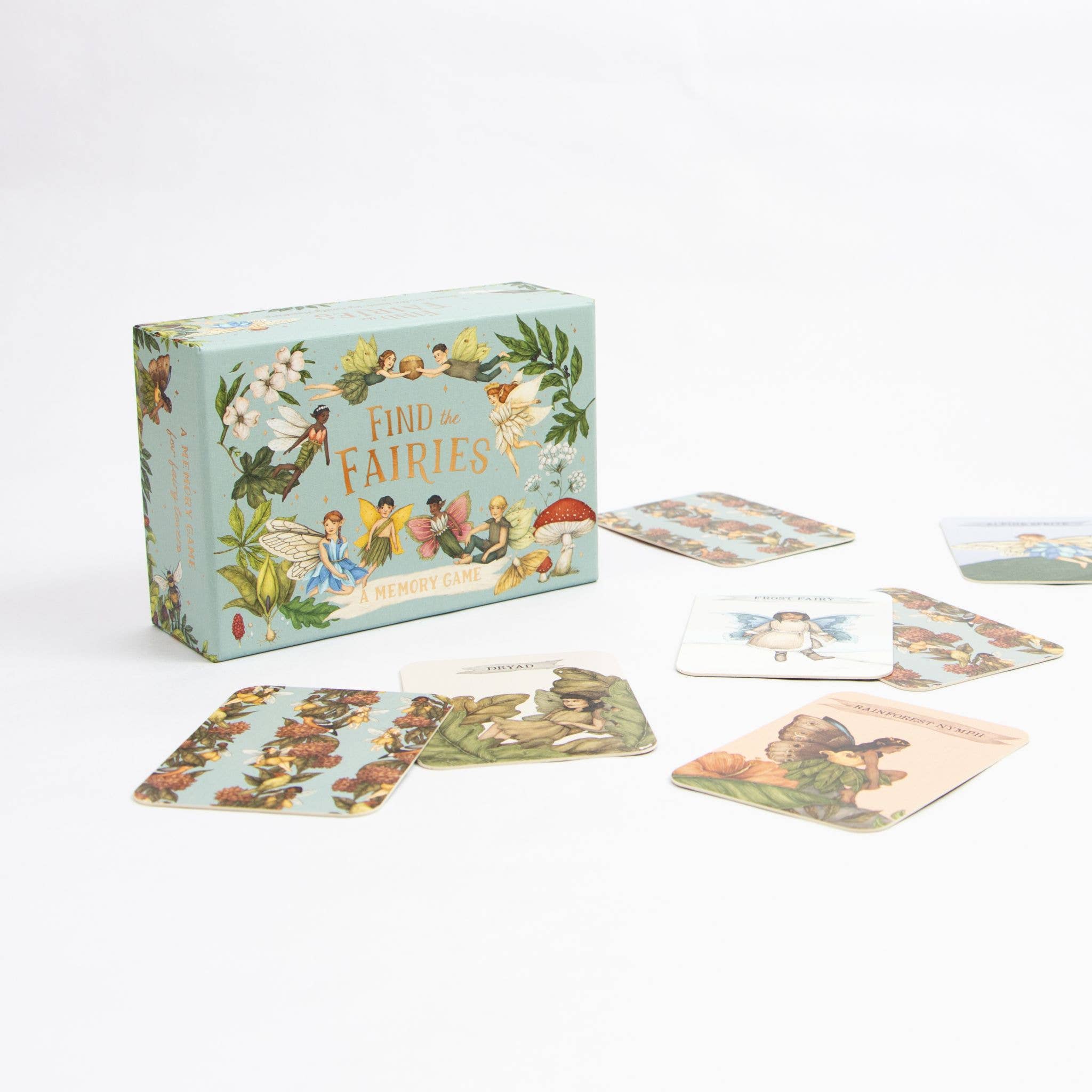 Card game set with 'Find the Fairies' box and cards on a white background