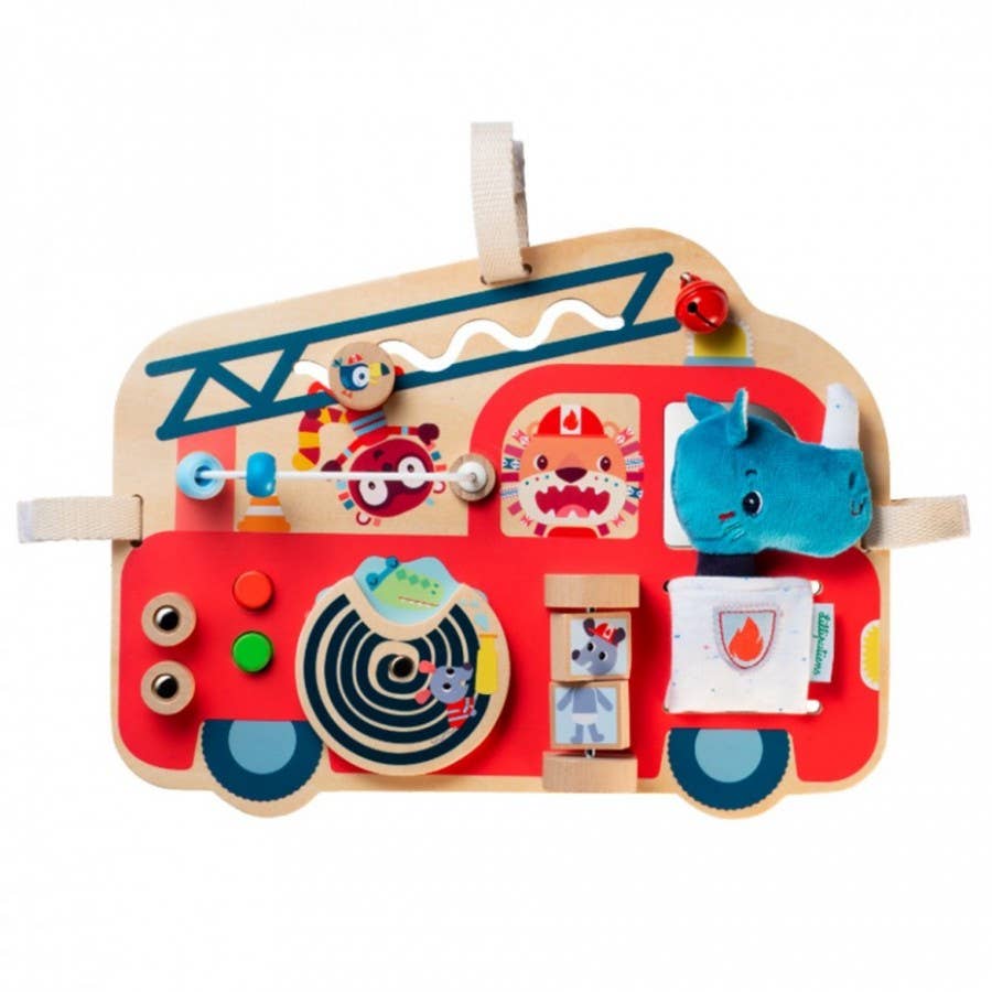 Colorful wooden toy with various interactive elements on a white background