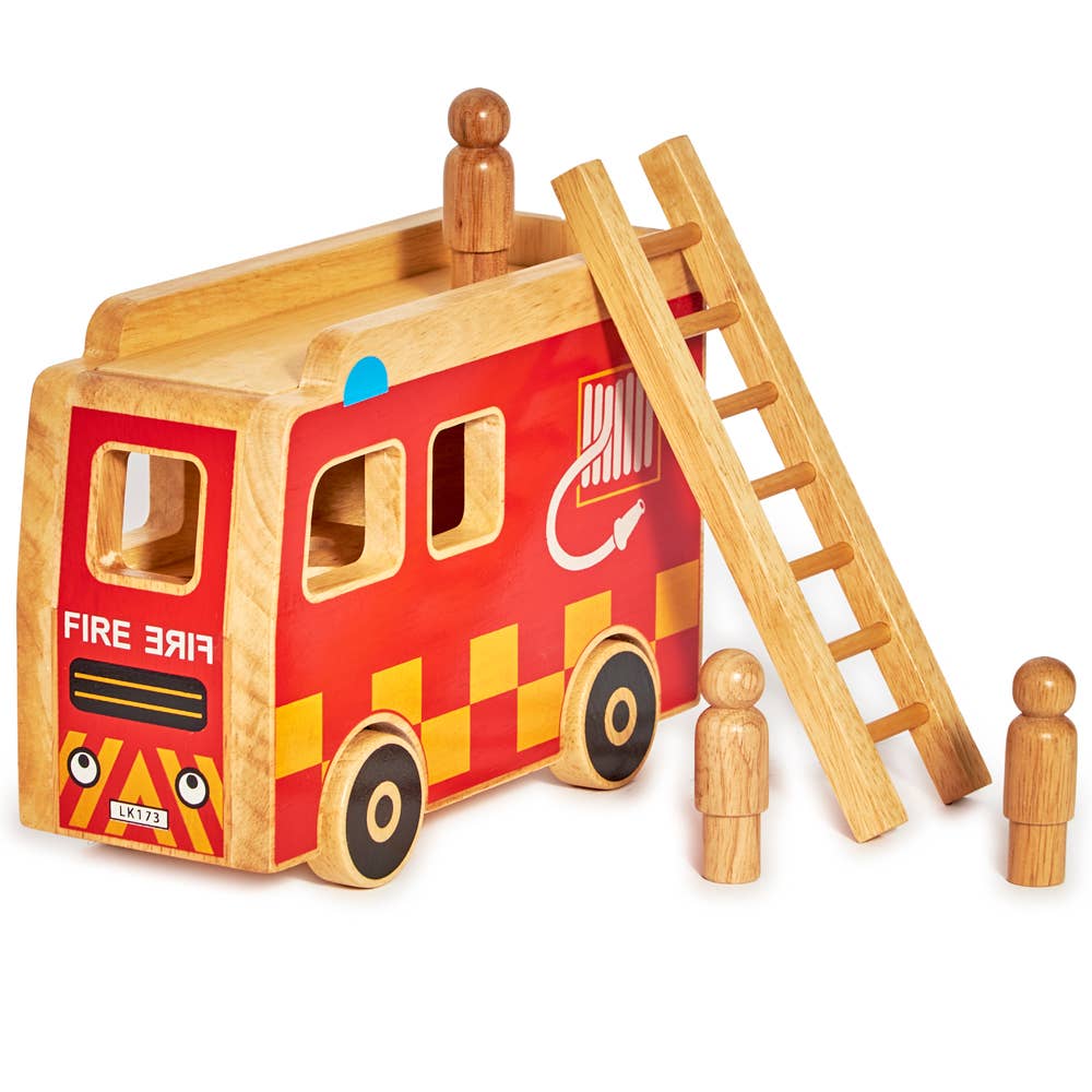 Wooden toy fire truck with ladder and figures on a white background