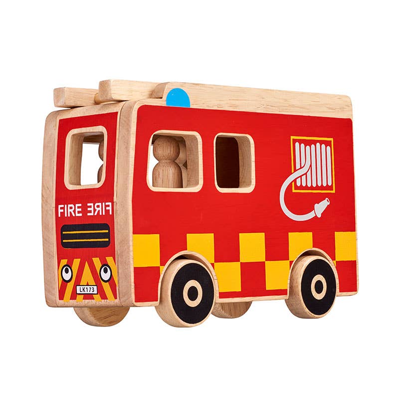 Wooden toy fire truck with red and yellow design on a white background