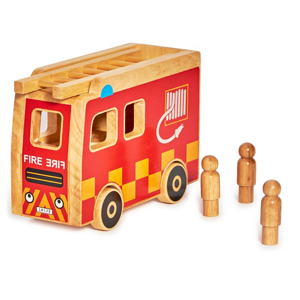 Wooden toy fire truck with three wooden figures on a white background