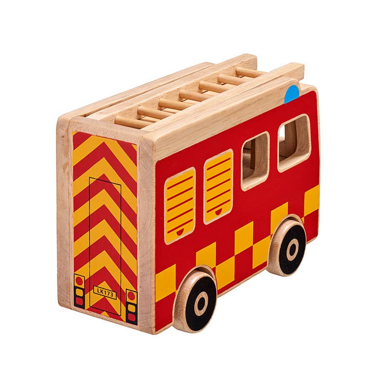Wooden toy fire truck with red and yellow design on a white background