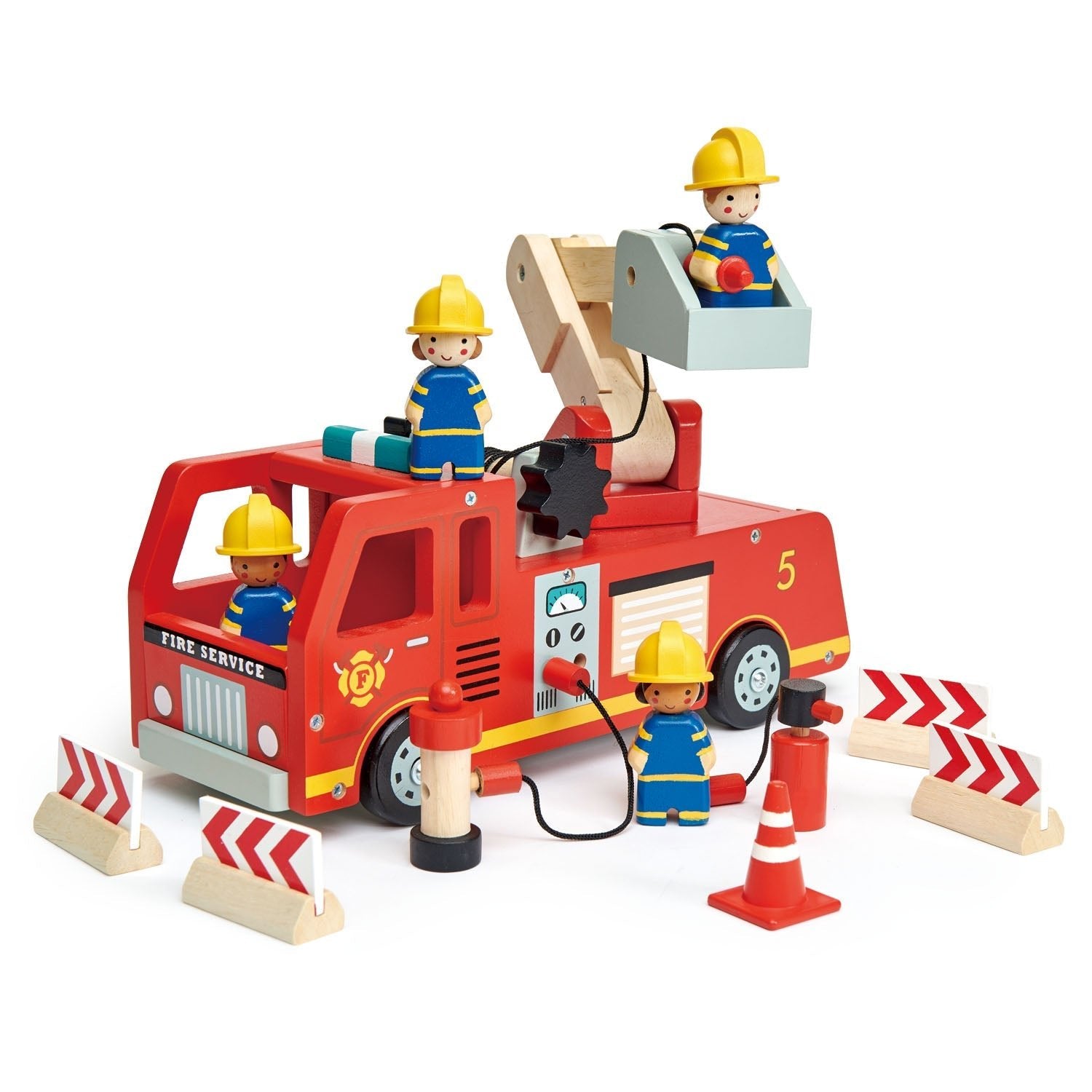Wooden toy fire truck with firefighters and accessories on a white background
