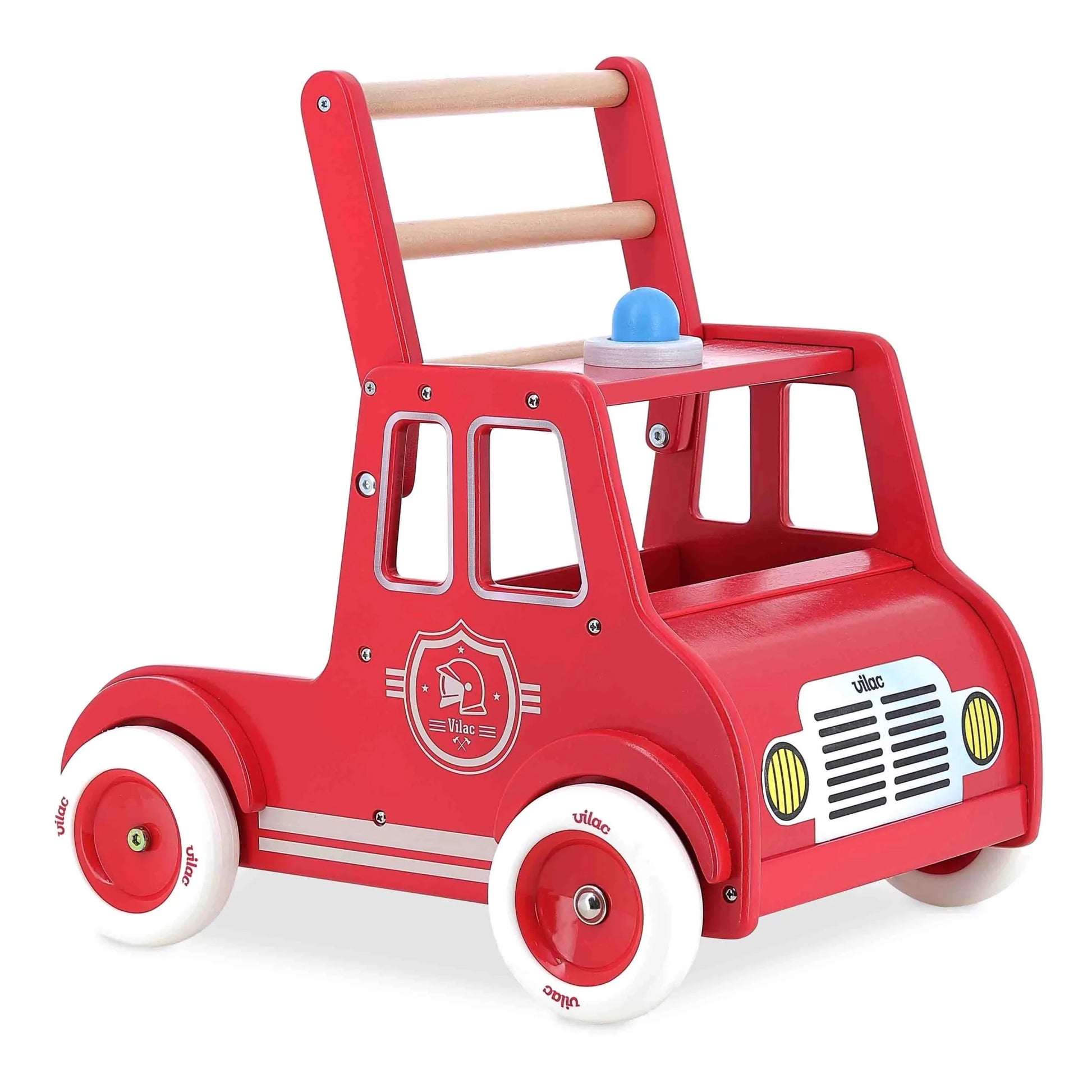 Red toy fire truck with wooden handle on a white background