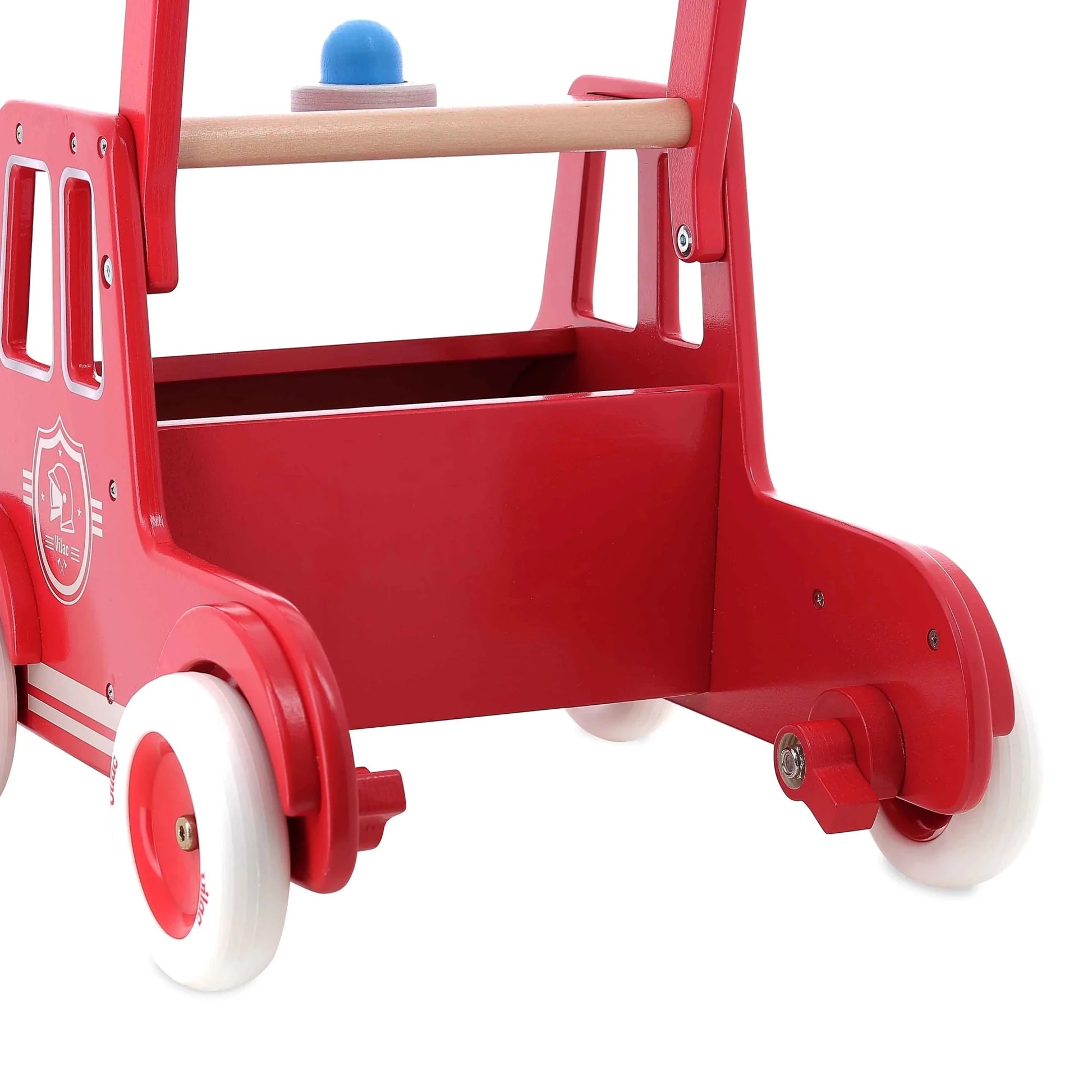 Red children's toy truck with white wheels on a white background