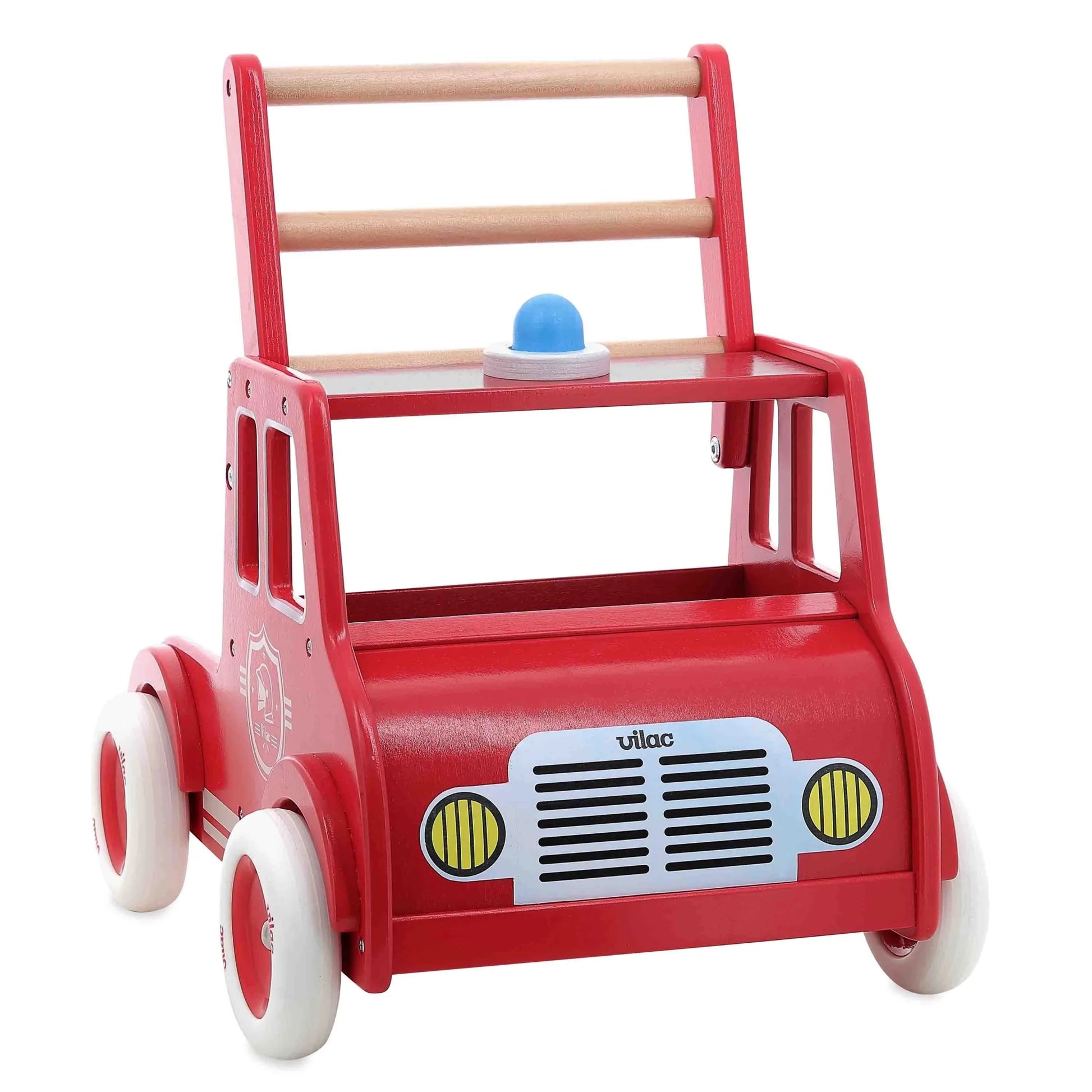 Red toy fire truck with wooden handle and white wheels on a white background