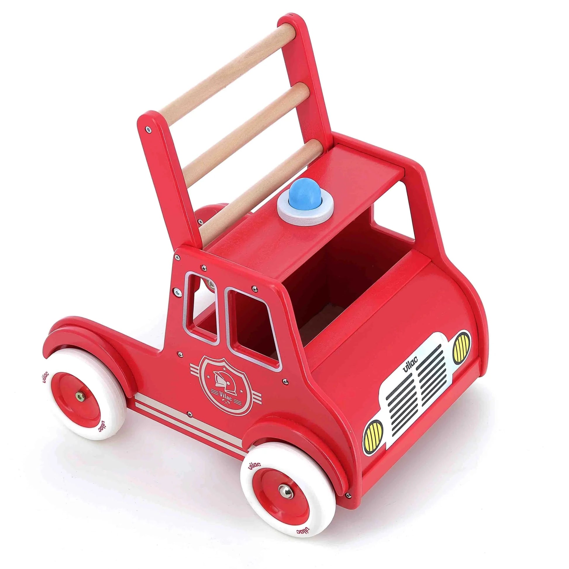 Red toy fire truck with wooden handle on a white background