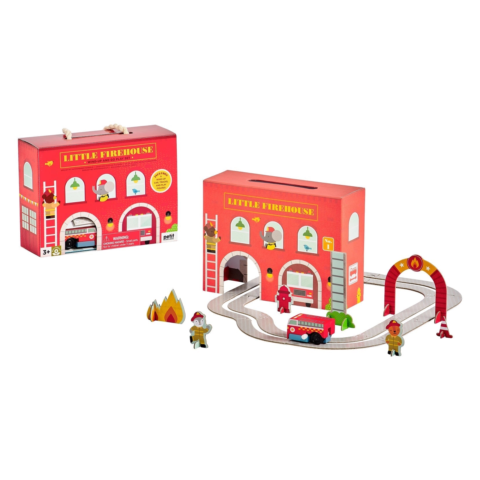 Toy fire station set with tracks, fire truck, and figures on a white background