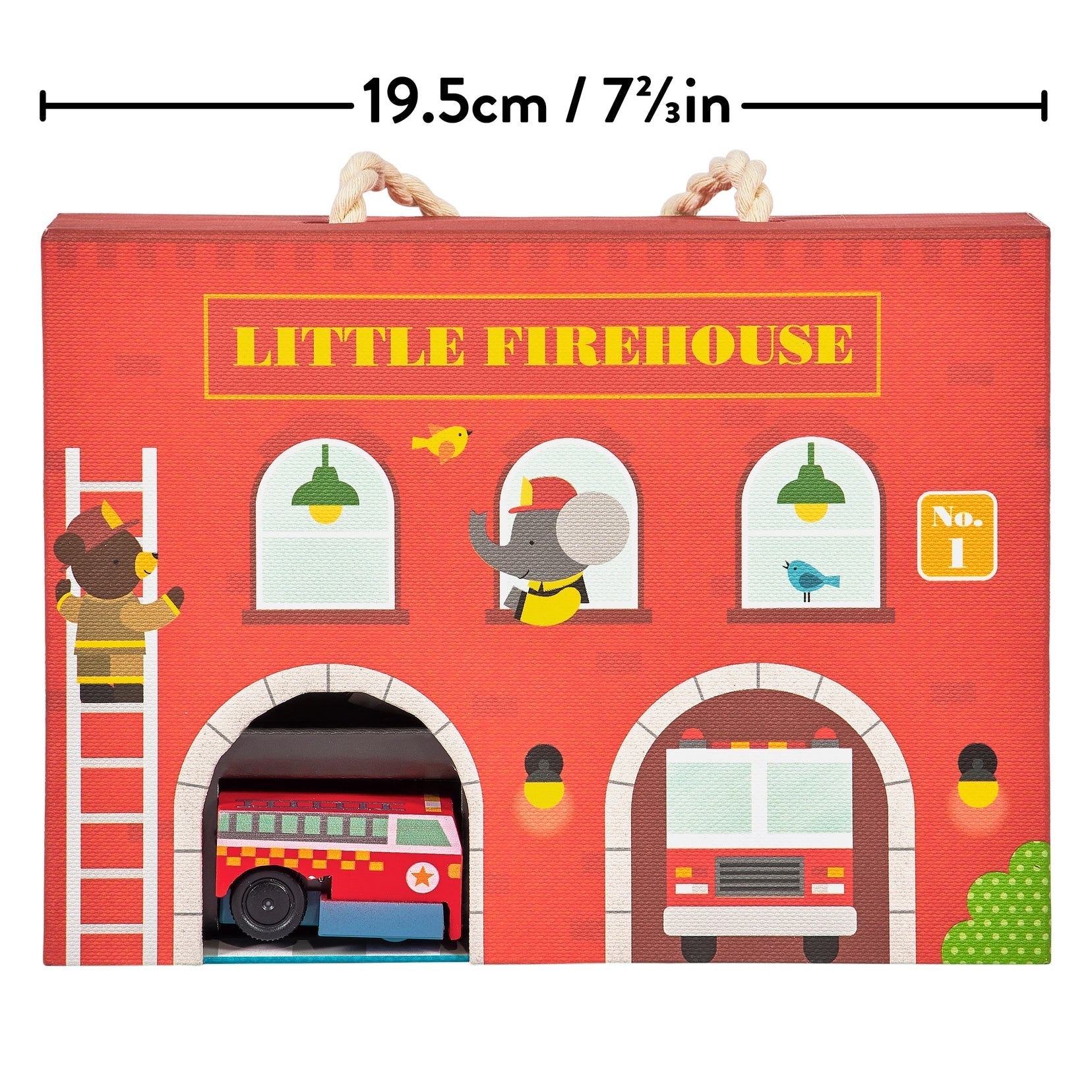 Red toy firehouse with a fire truck and other details, labeled 'Little Firehouse'.