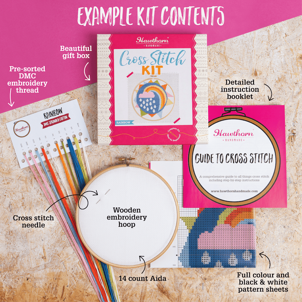 Cross stitch kit with pre-sorted DMC embroidery thread, gift box, instruction booklet, wooden hoop, and pattern sheets on a textured surface.