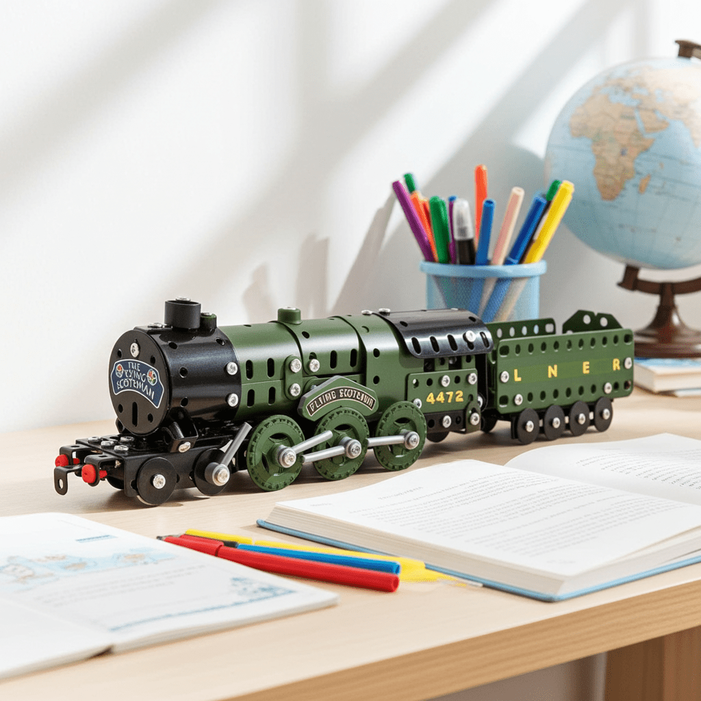 Toy train set on a desk with stationery items