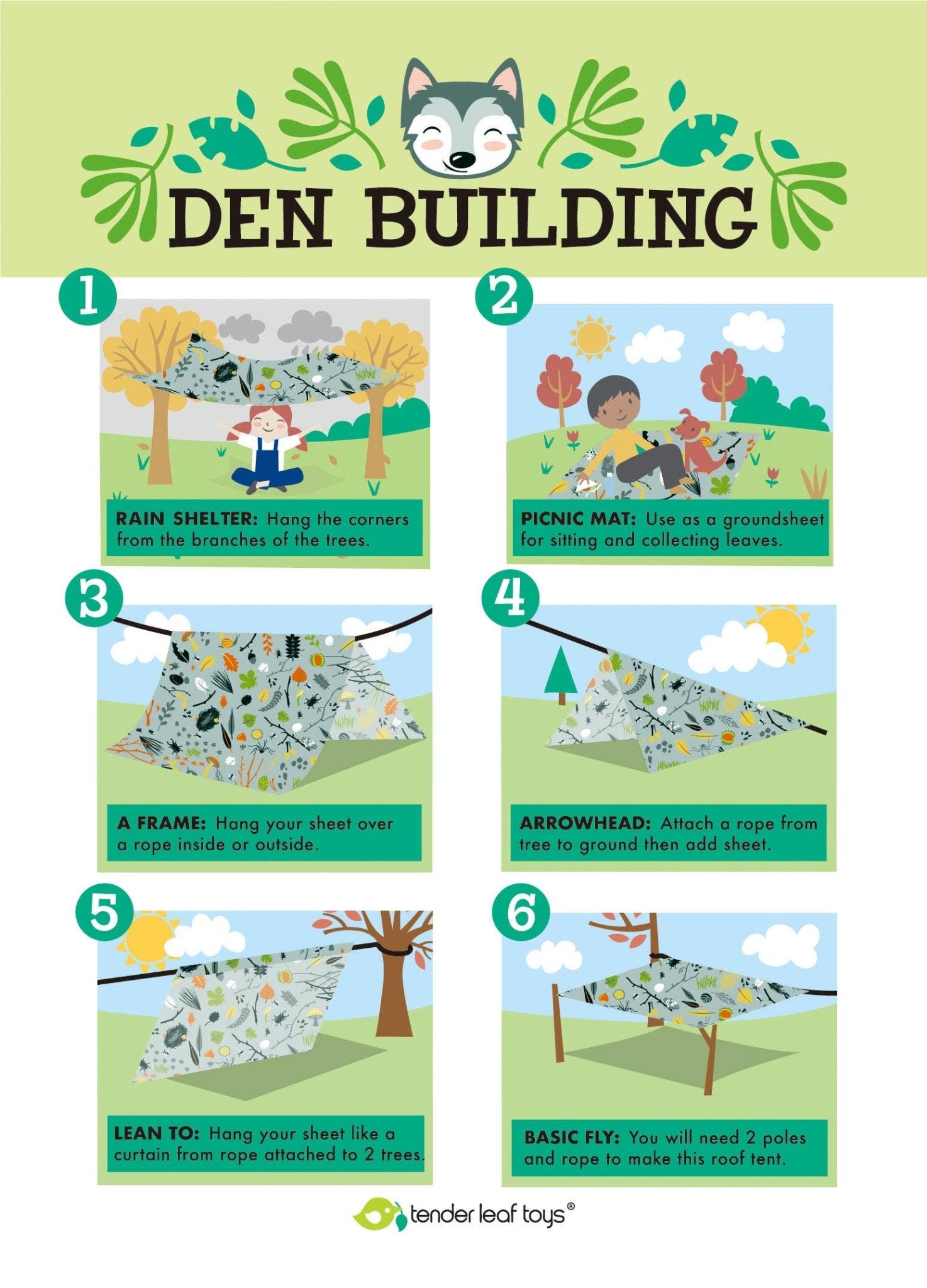 Step-by-step guide to building a den with illustrations and text.
