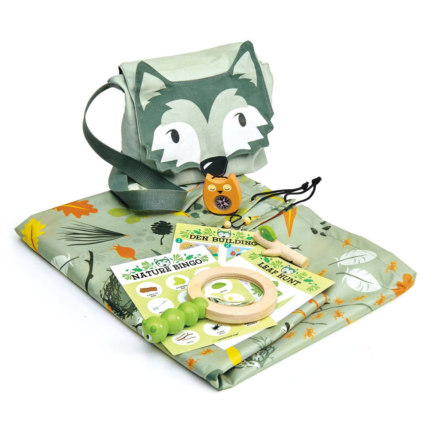 Children's nature exploration kit with bag, bingo cards, and game pieces on a white background