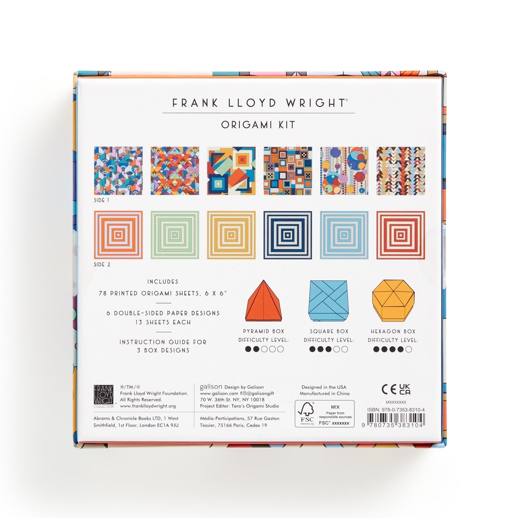 Back of an origami kit packaging with colorful designs and text.