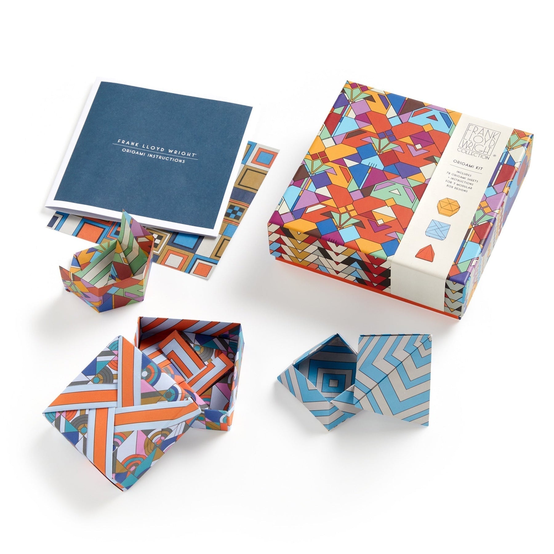 Colorful geometric-patterned origami boxes with instructions on a white background