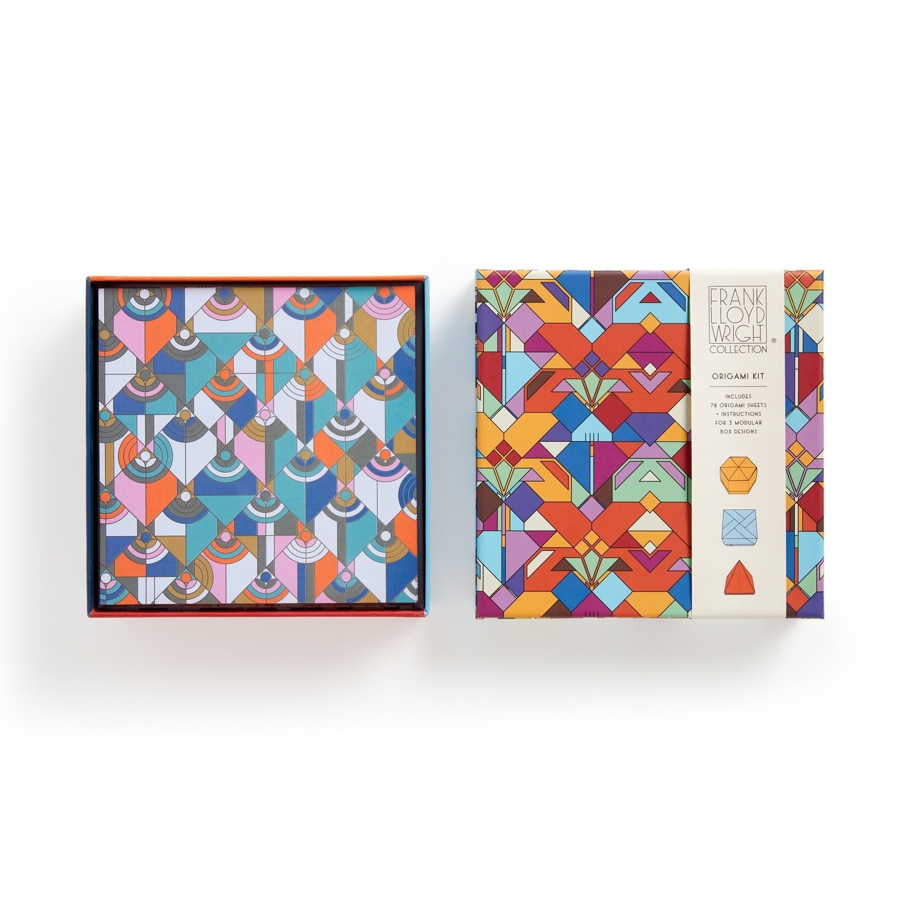 Colorful geometric-patterned boxes on a white background