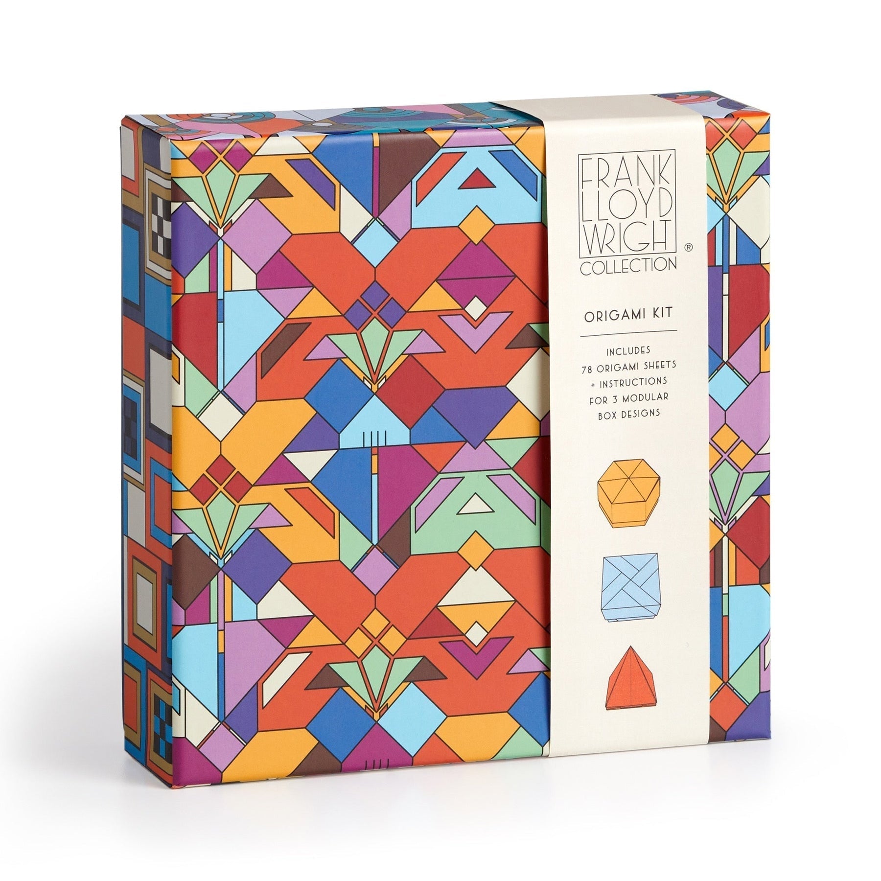 Colorful geometric-patterned origami kit box with 'Frank Lloyd Wright Collection' branding.
