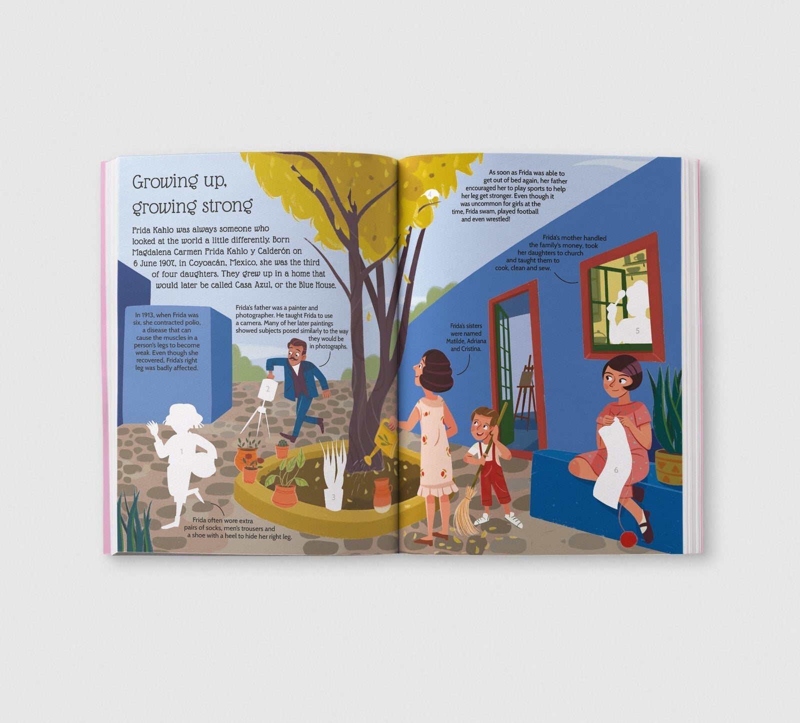 Open book with illustrated pages showing a family in a garden and interior room.